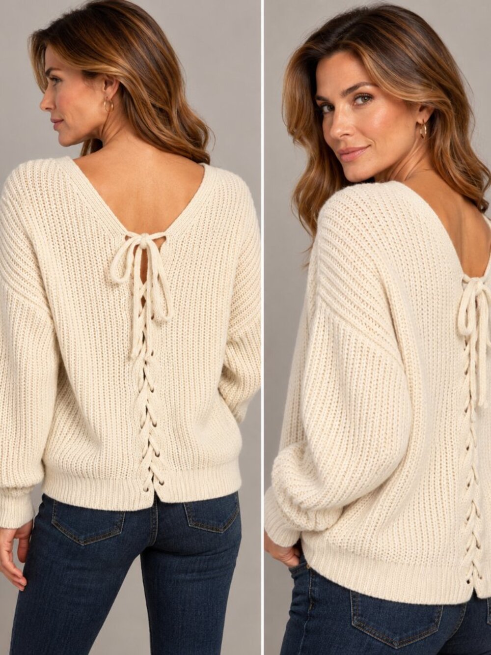 Chunky Lace-Up Back Sweater - Cream. Like New.